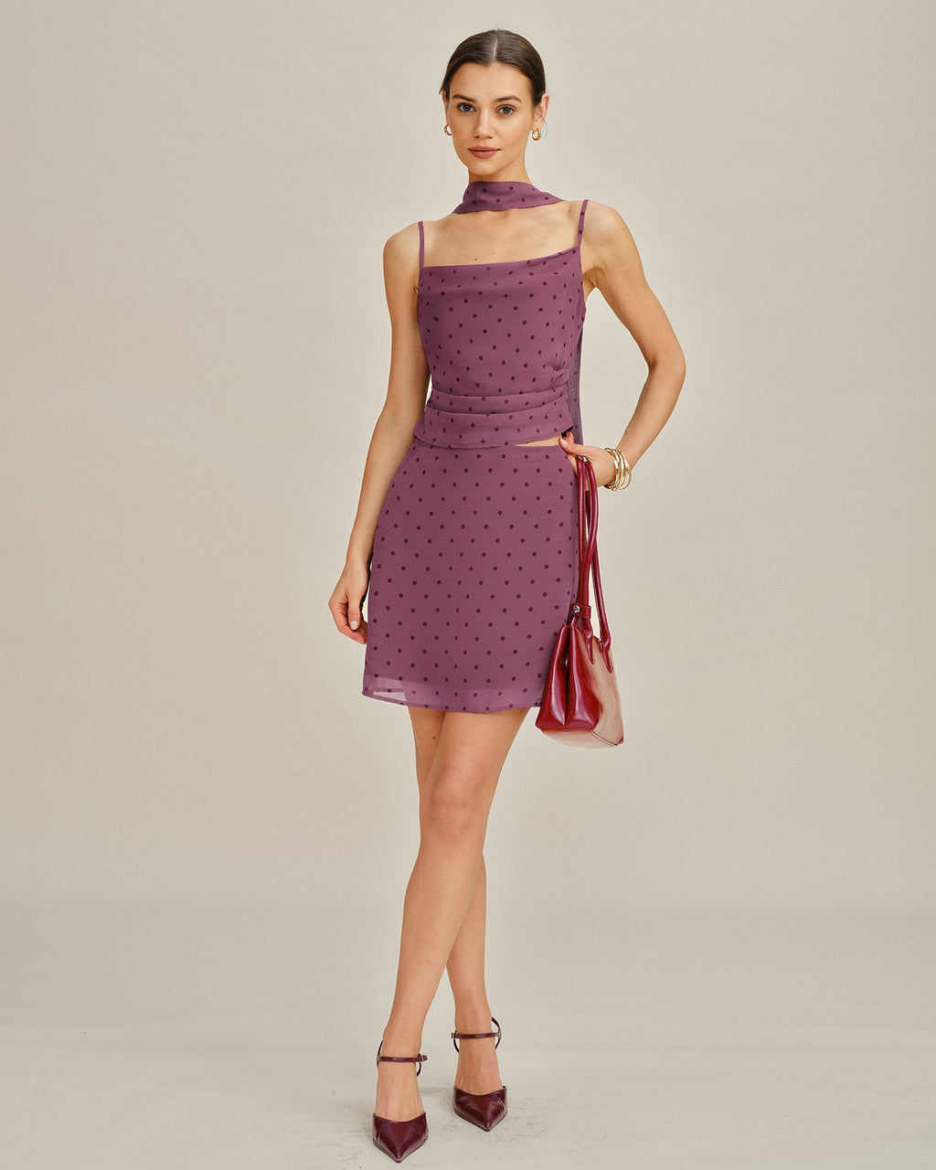 Chiffon Cami Top with Purple Polka Dots