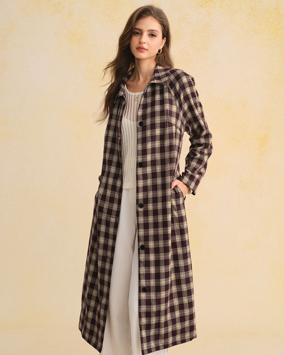 Long Brown Plaid Coat with Pockets