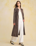 Long Brown Plaid Coat with Pockets