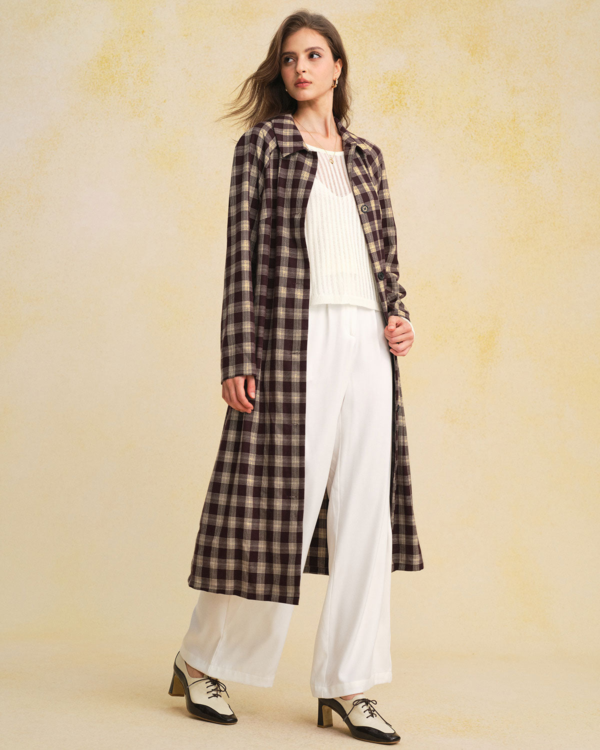 Long Brown Plaid Coat with Pockets