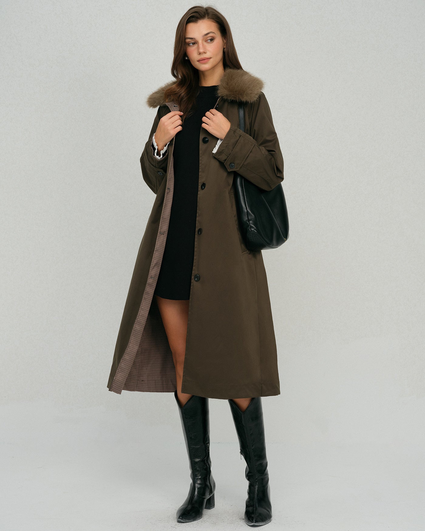 Reversible Long Coat with Brown Fur Collar