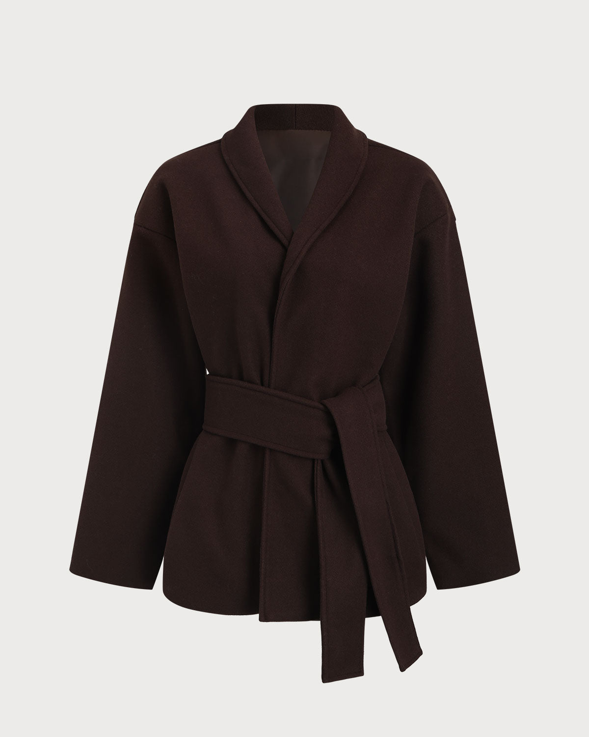 Coffee-Colored Belted Shawl Coat