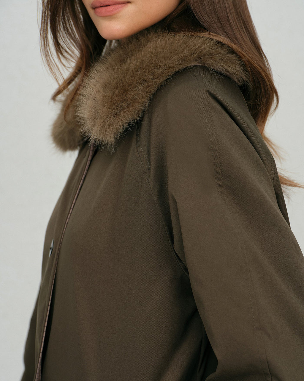 Reversible Long Coat with Brown Fur Collar