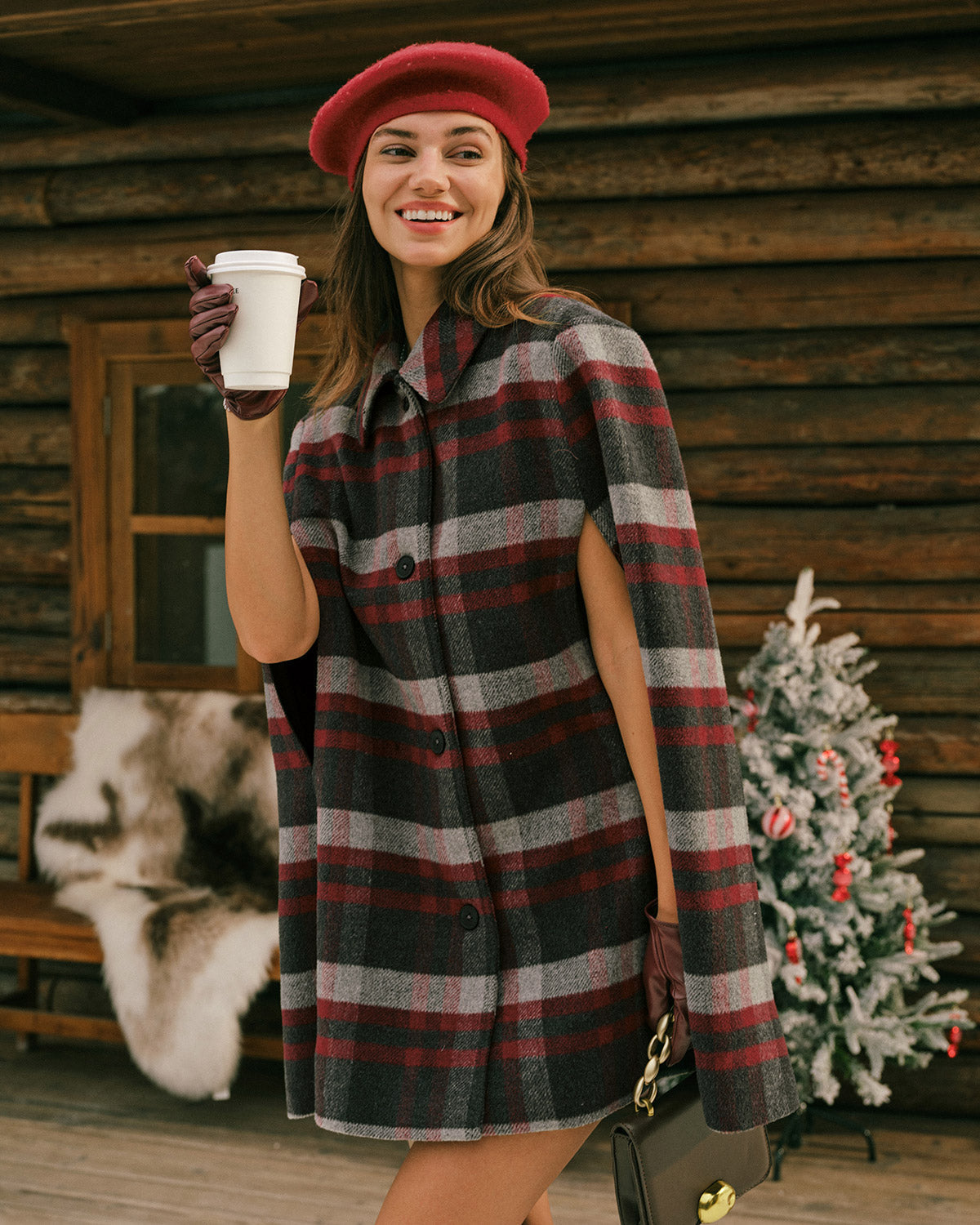 Red Plaid Cape Sleeve Jacket