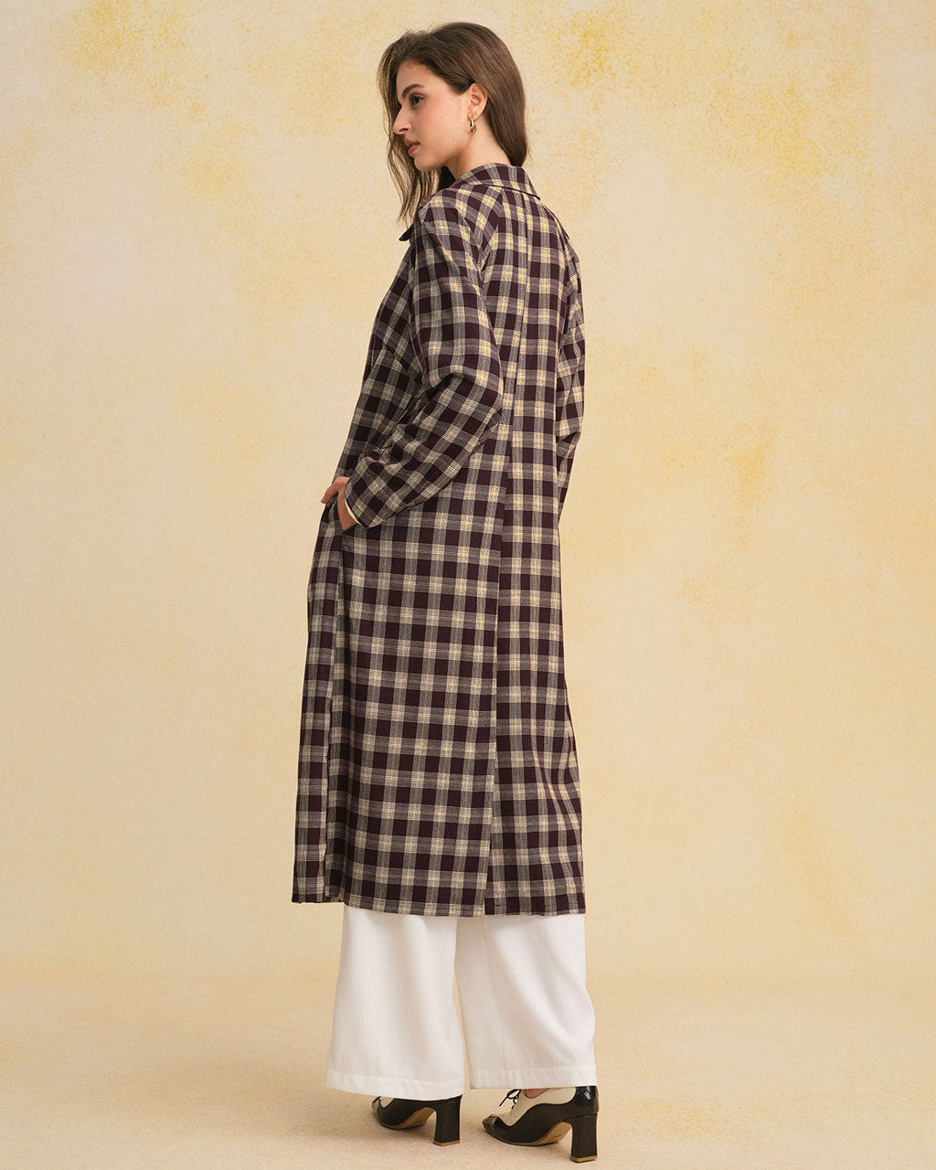 Long Brown Plaid Coat with Pockets
