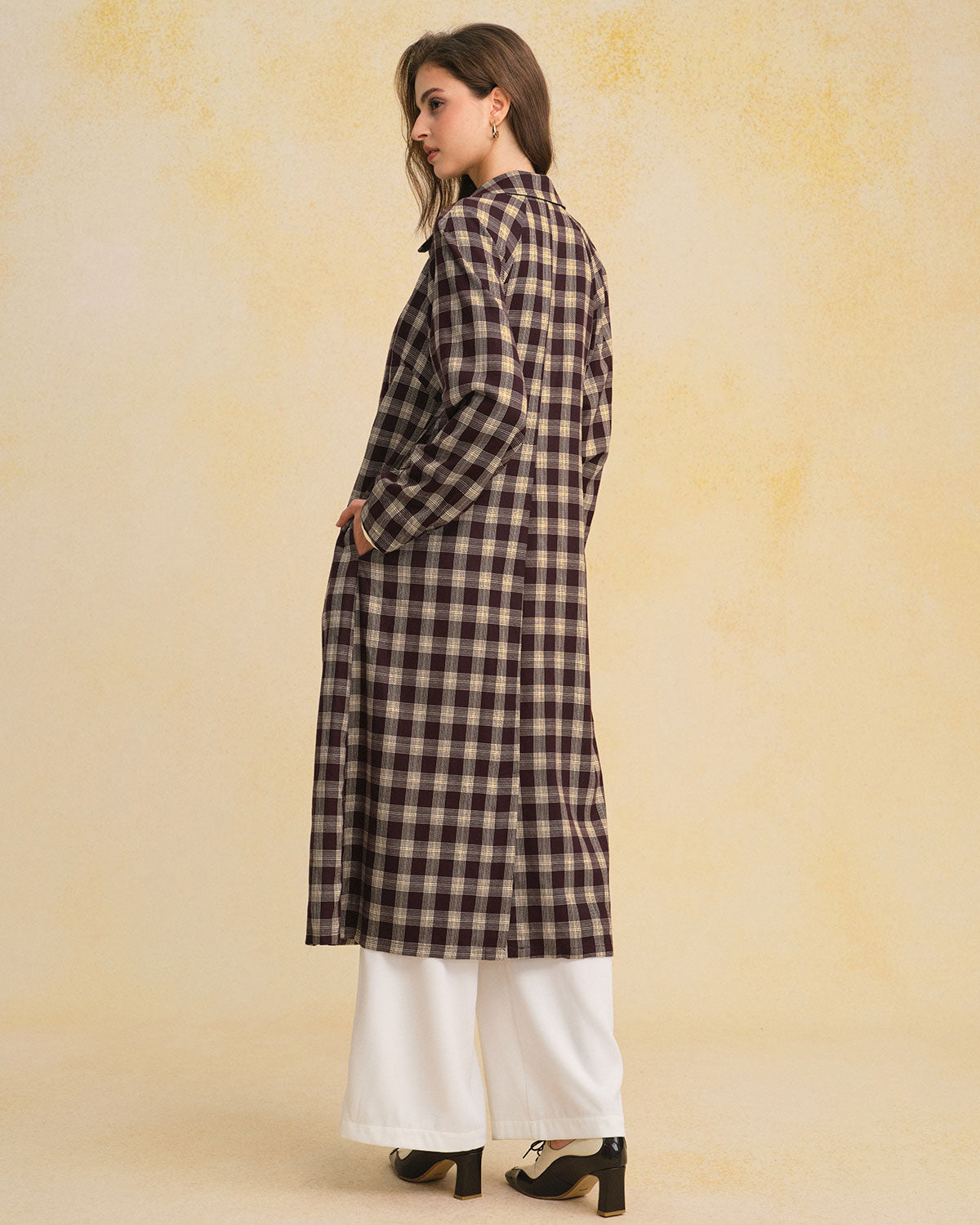 Long Brown Plaid Coat with Pockets