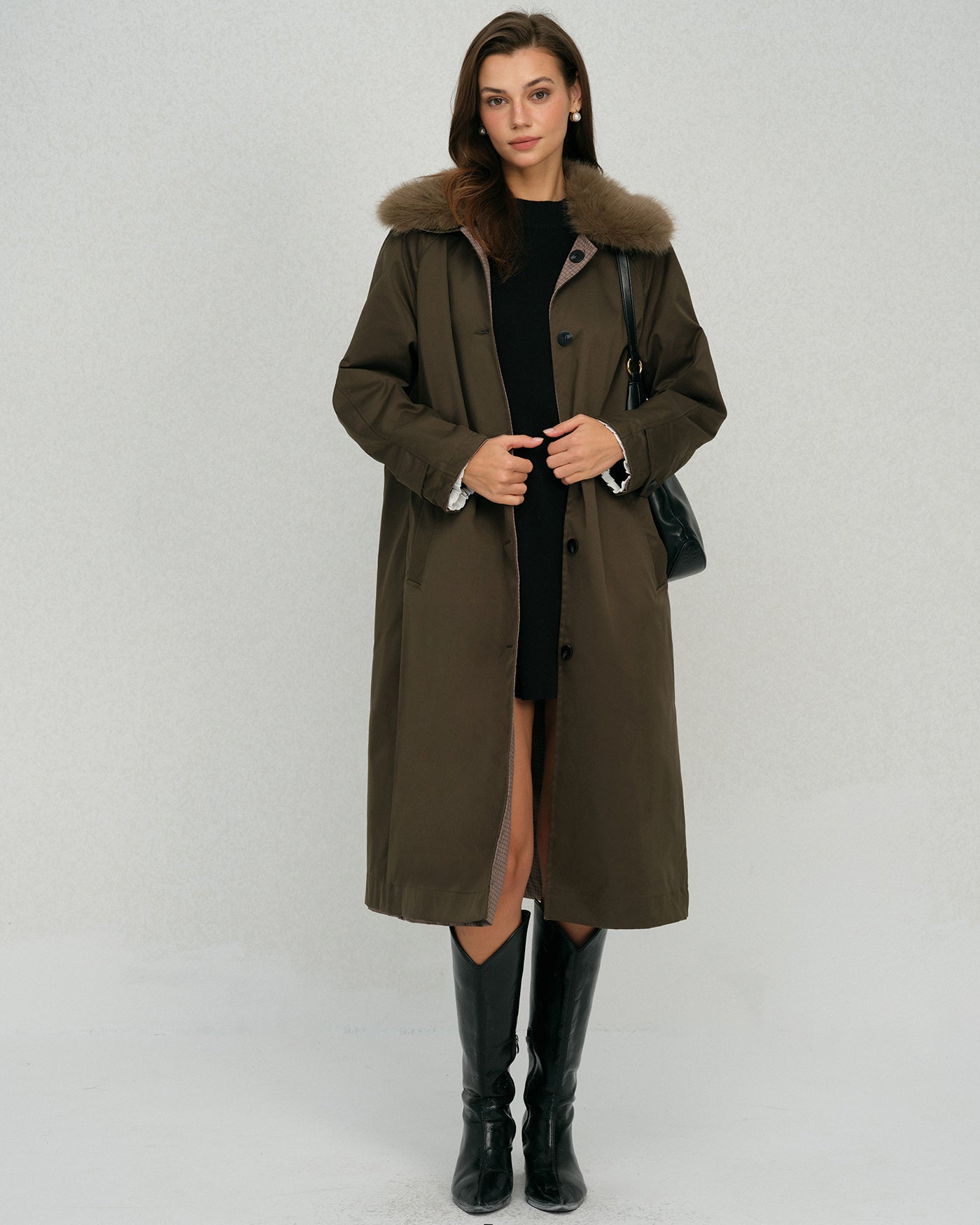 Reversible Long Coat with Brown Fur Collar