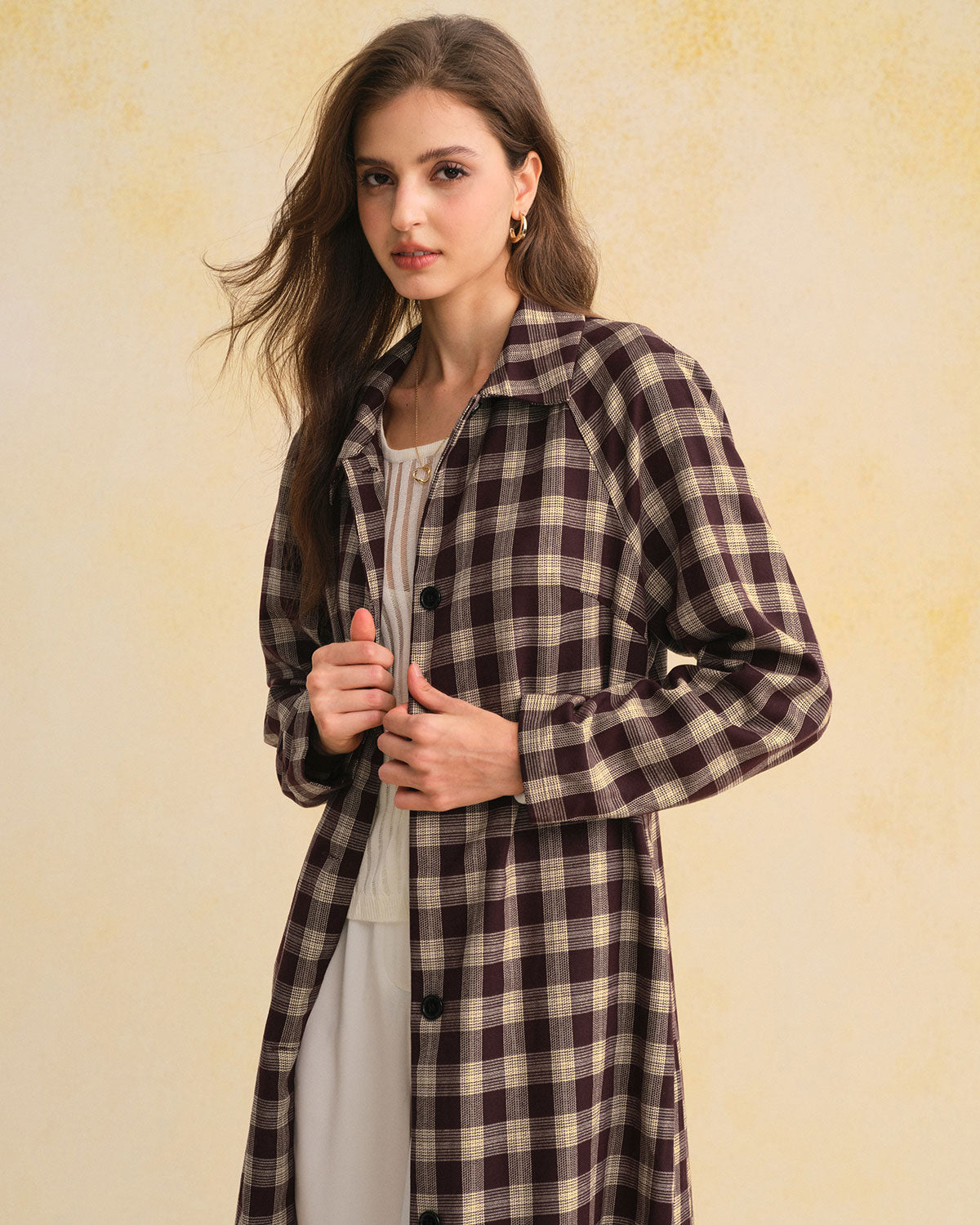 Long Brown Plaid Coat with Pockets