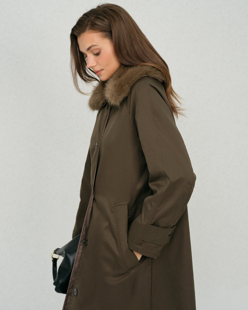 Reversible Long Coat with Brown Fur Collar