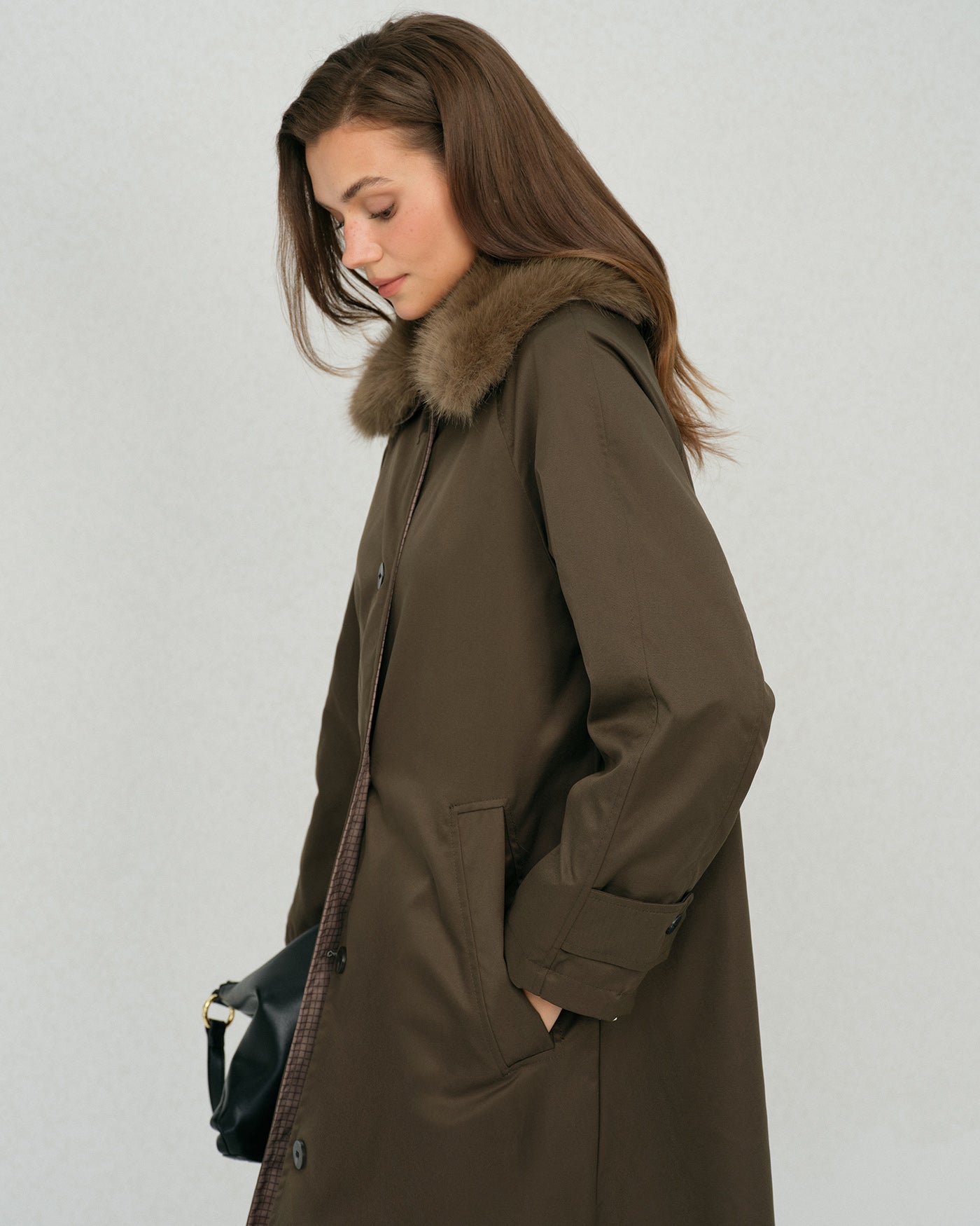Reversible Long Coat with Brown Fur Collar