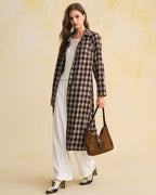 Long Brown Plaid Coat with Pockets