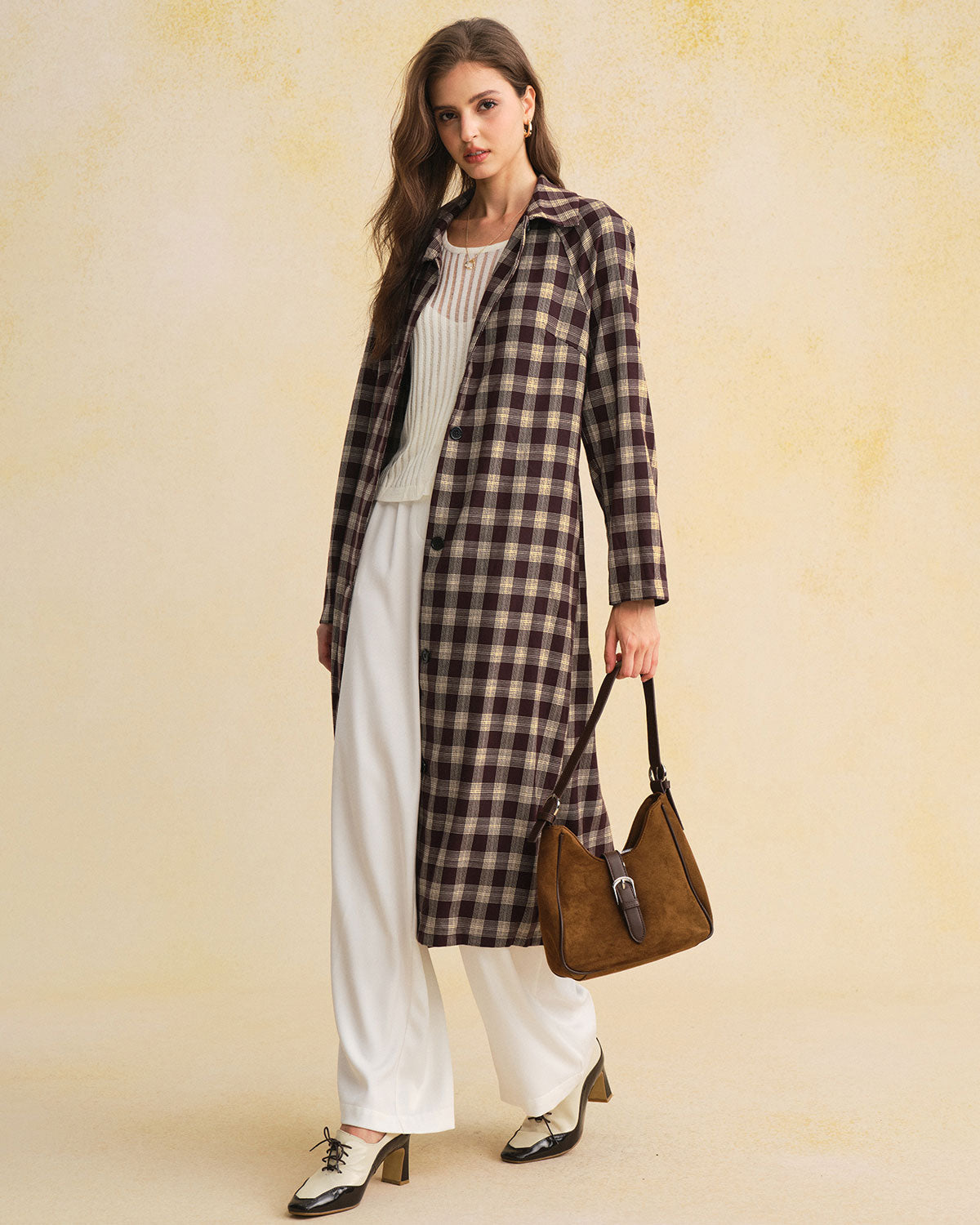 Long Brown Plaid Coat with Pockets