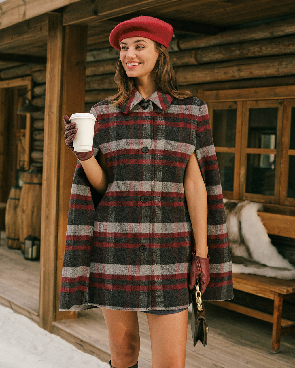 Red Plaid Cape Sleeve Jacket