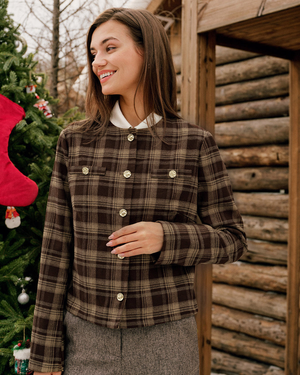 Brown Plaid Single-Breasted Blazer
