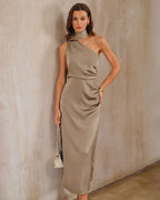 Apricot One-Shoulder A-Line Maxi Gown
