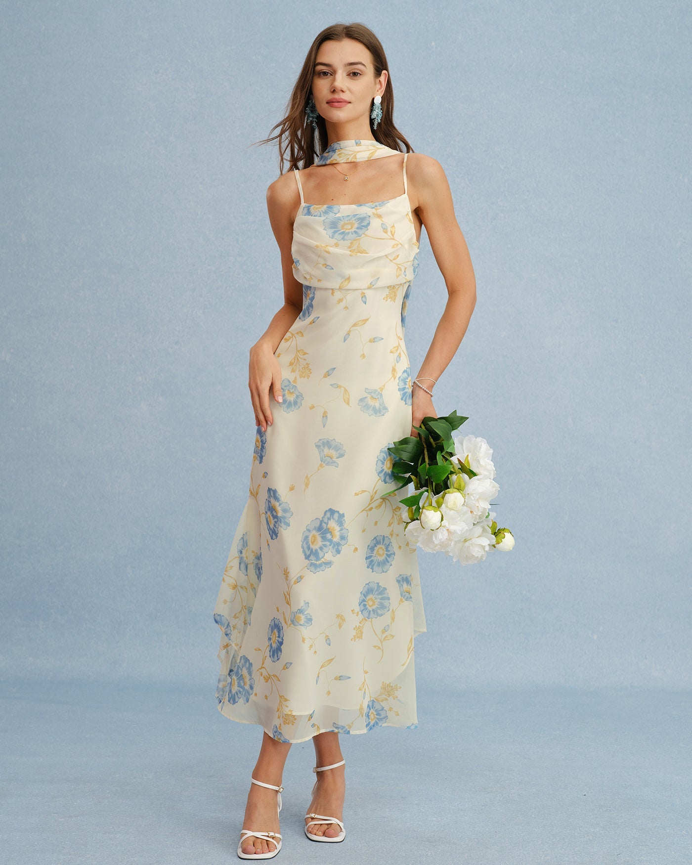 Chiffon Maxi Dress with Beige Floral Tie