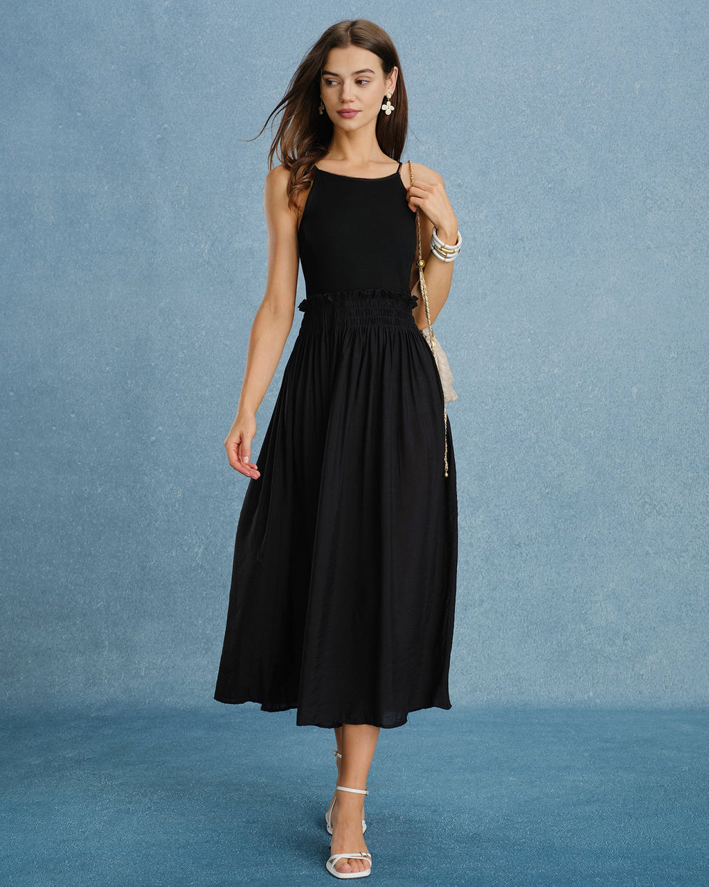 Black Ruched Maxi Dress with Spliced Details
