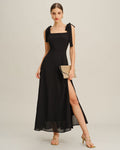 Maxi Dress with Tie Straps in Black Chiffon