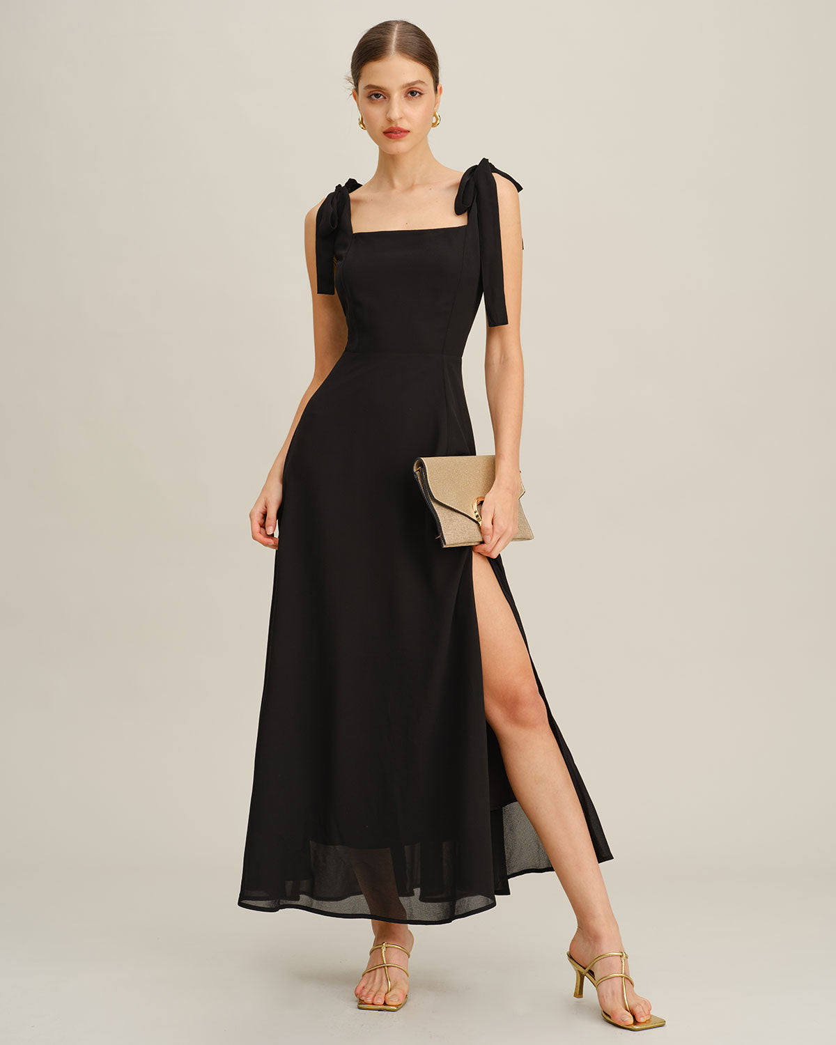 Maxi Dress with Tie Straps in Black Chiffon