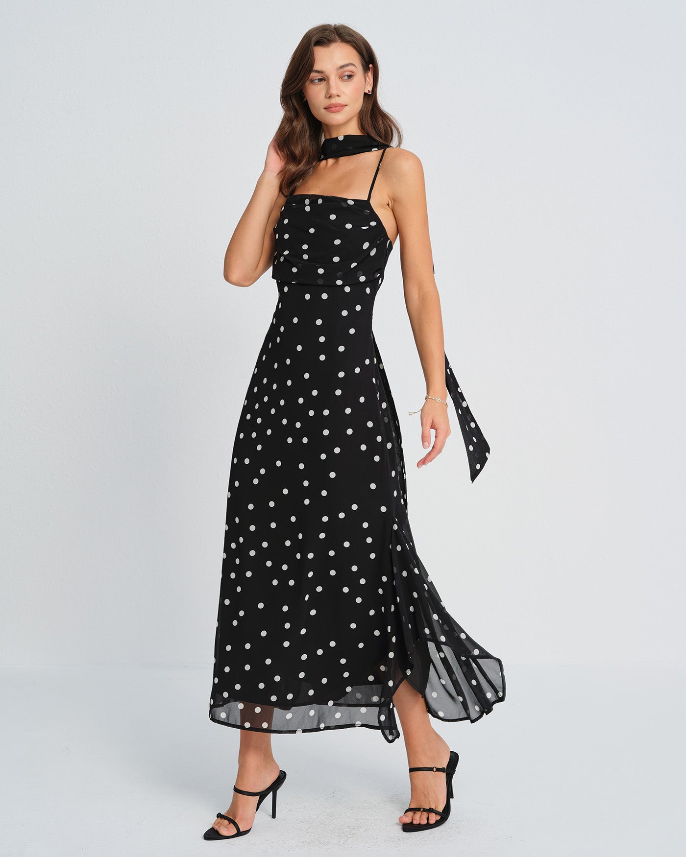 Maxi Dress with Black Polka Dots and Slip Design