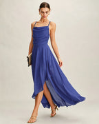 Chiffon Maxi Dress with Blue Square Neck Design