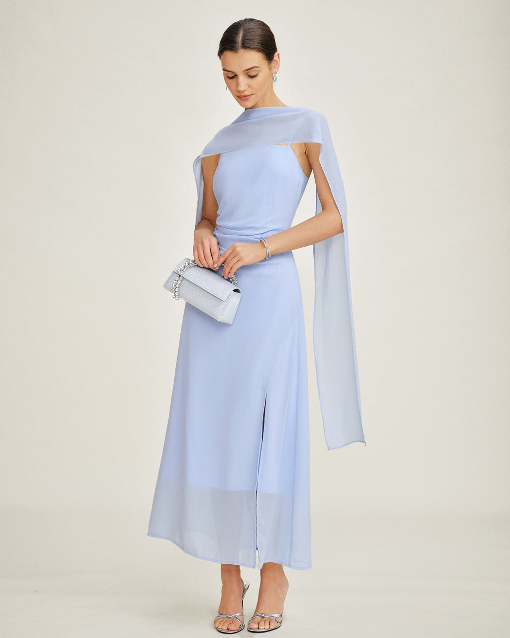 Chiffon Maxi Dress with Blue Cowl Neck and Straps