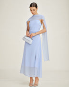 Chiffon Maxi Dress with Blue Cowl Neck and Straps