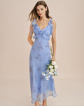 Maxi Dress with Blue Floral Print and Ruffled Tie Straps