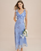 Maxi Dress with Blue Floral Print and Ruffled Tie Straps