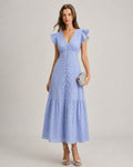 Textured Blue Maxi Dress with V-Neck and Button Details