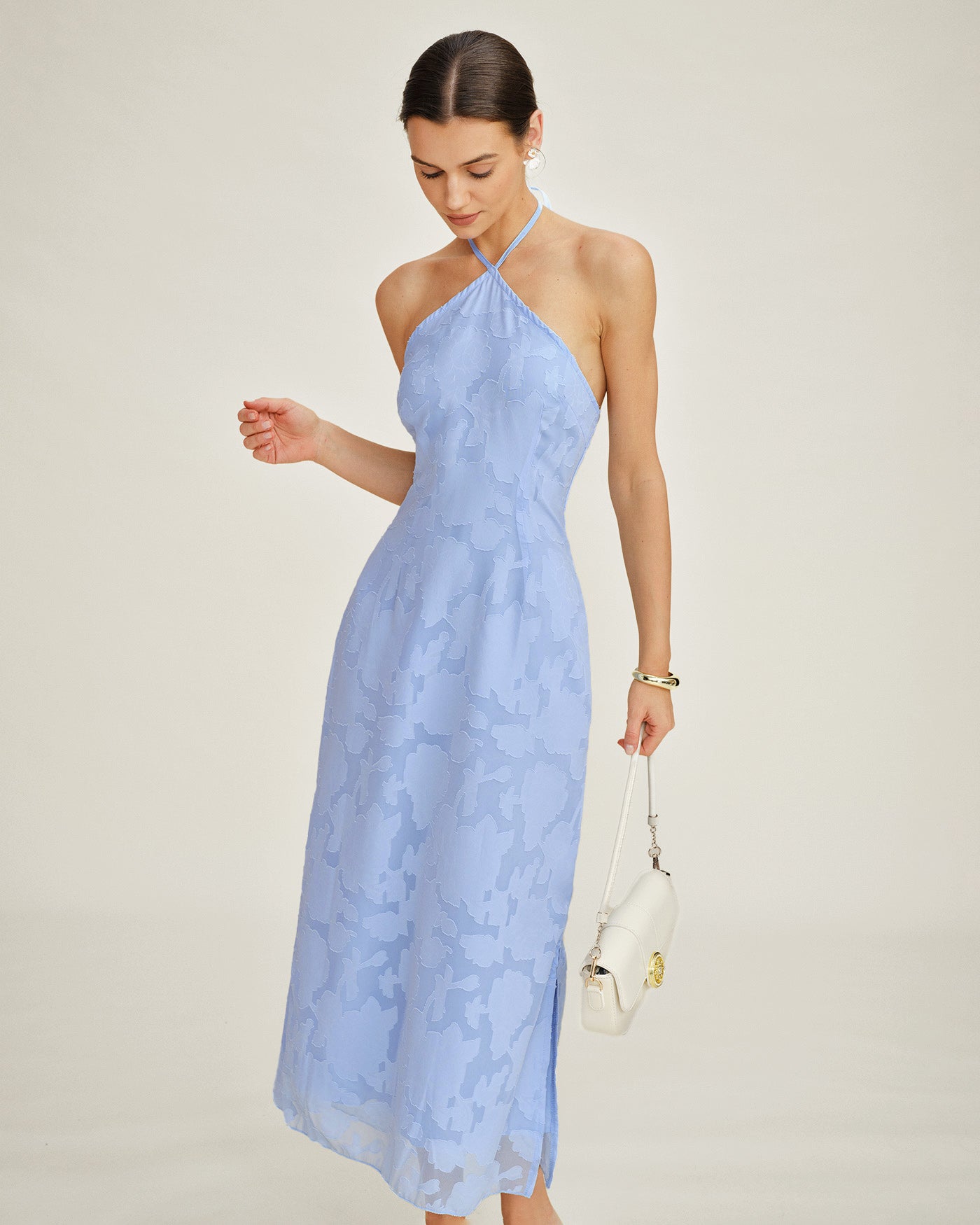 Blue Jacquard Halter Maxi Slip Dress