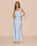 Flowy Satin Maxi Dress in Blue with Square Neckline