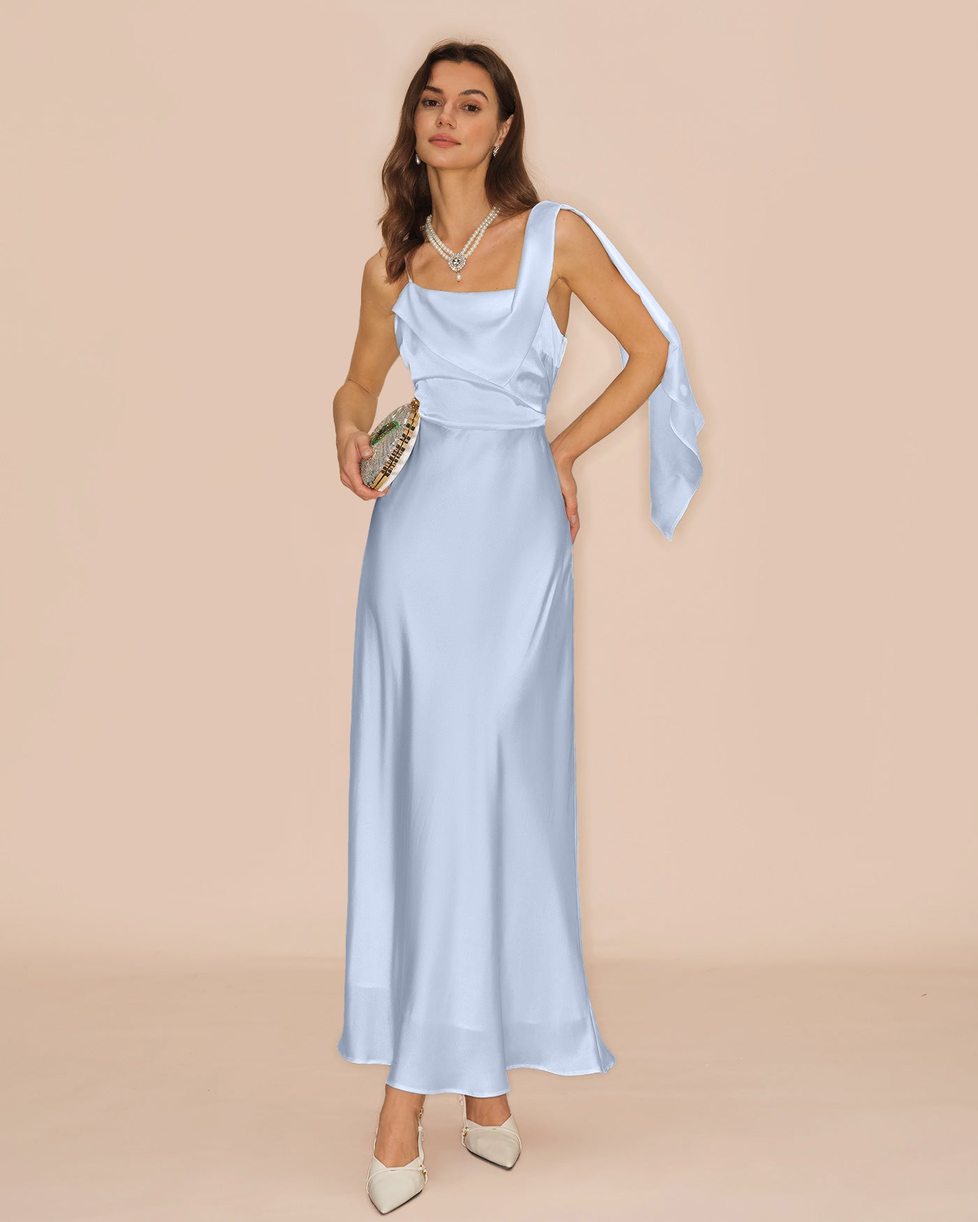 Flowy Satin Maxi Dress in Blue with Square Neckline