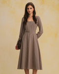 Brown Gingham Maxi Dress with Square Neck and Belt