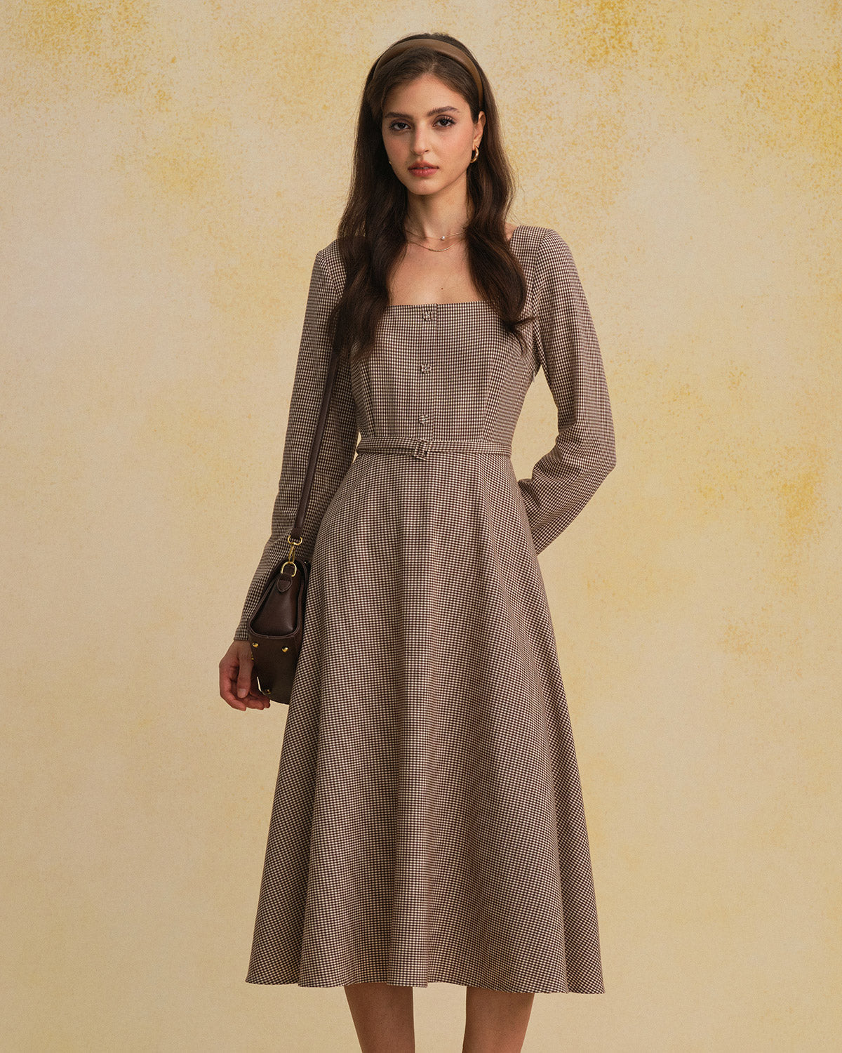 Brown Gingham Maxi Dress with Square Neck and Belt