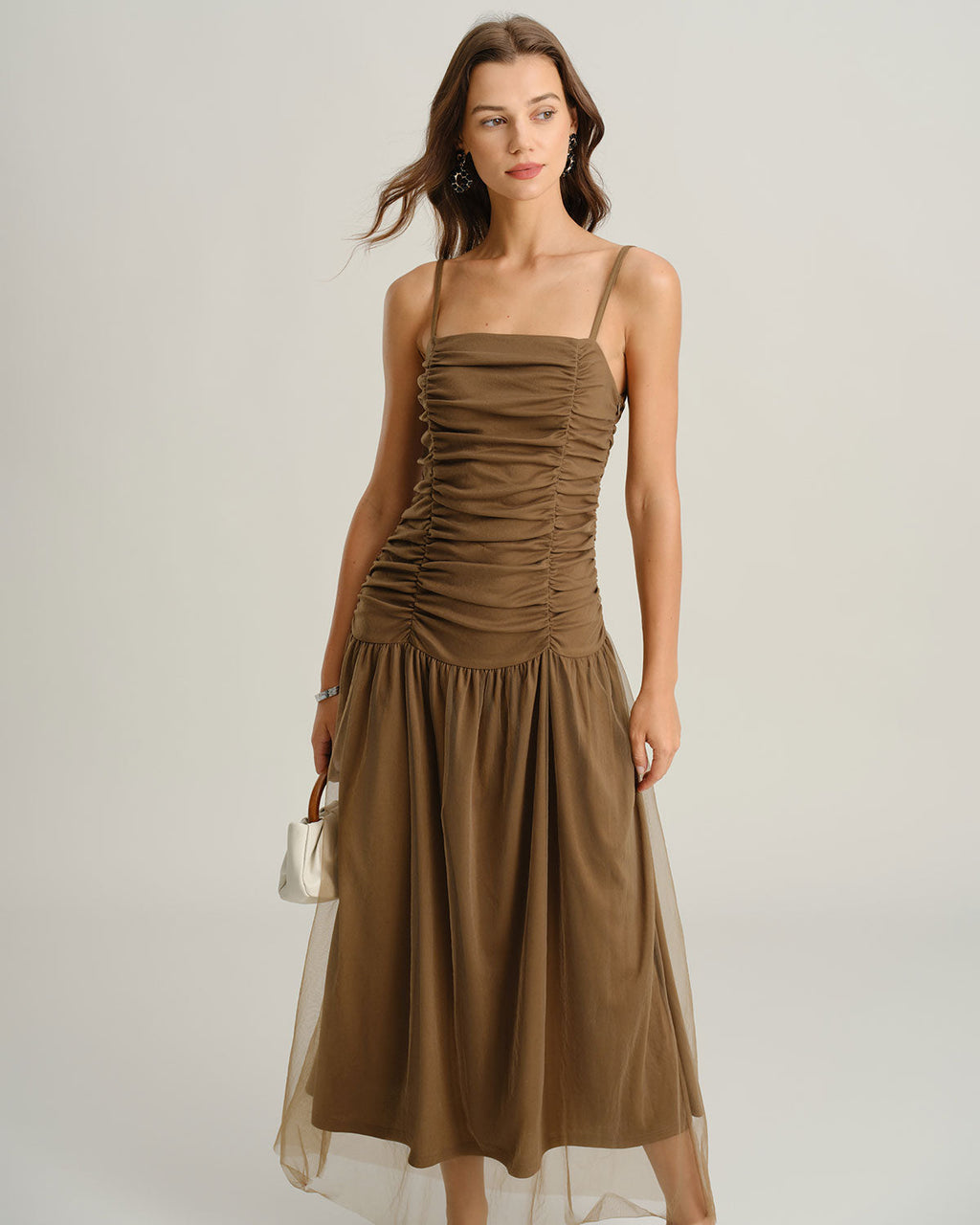 Brown Ruched Mesh Maxi Dress with Slip Design