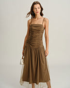 Brown Ruched Mesh Maxi Dress with Slip Design