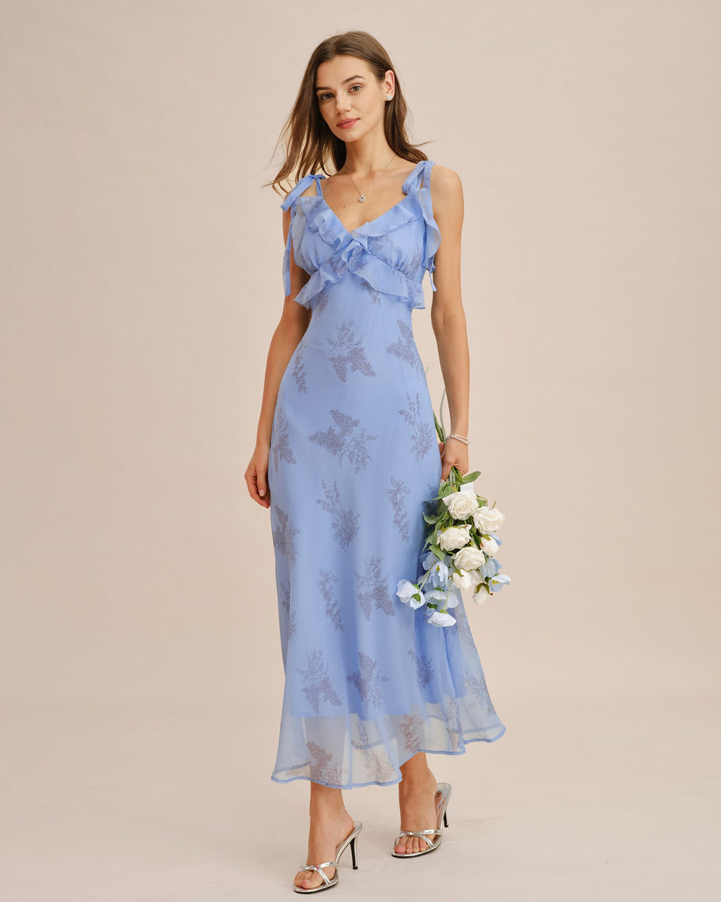 Maxi Dress with Blue Floral Print and Ruffled Tie Straps