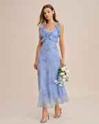 Maxi Dress with Blue Floral Print and Ruffled Tie Straps