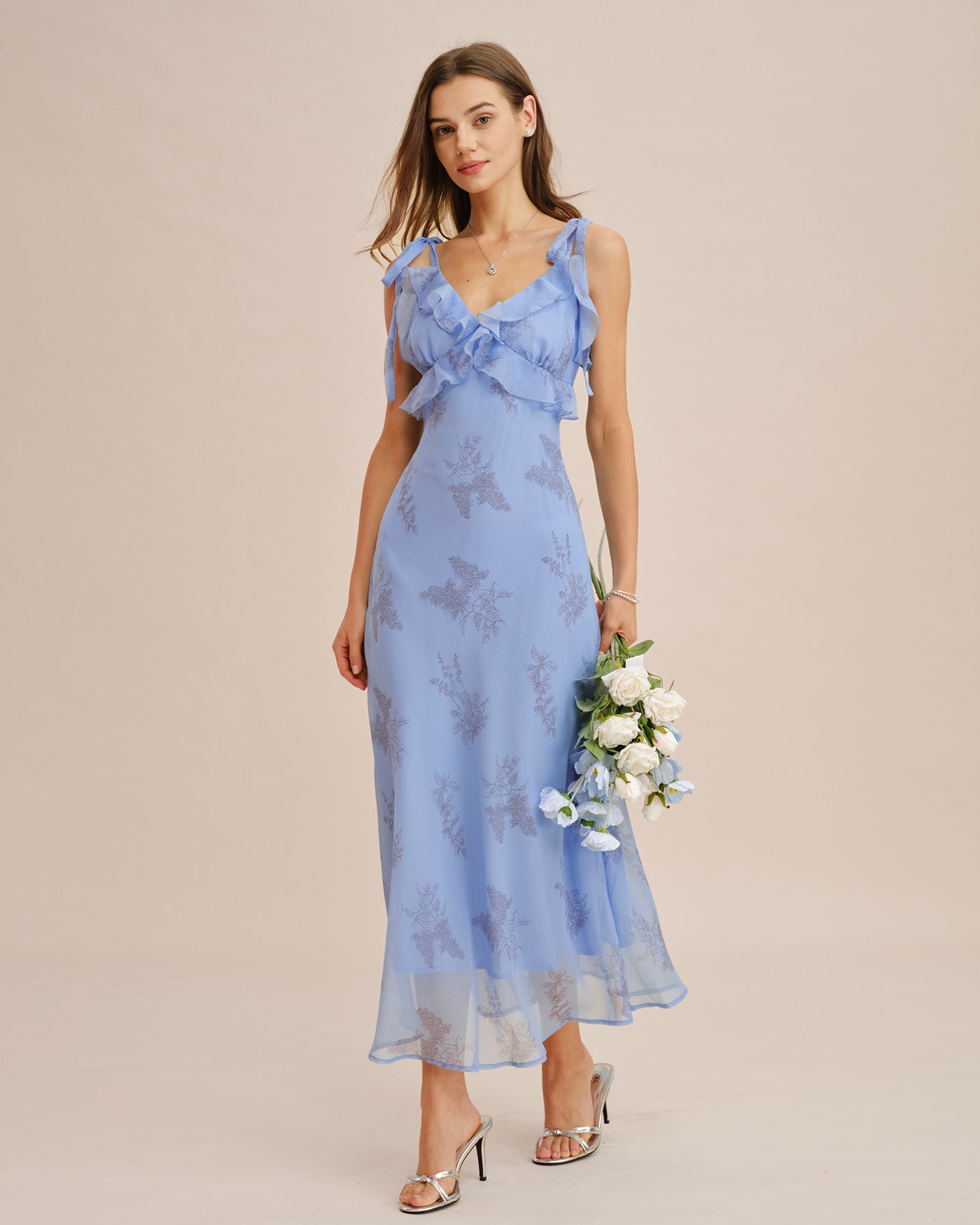 Maxi Dress with Blue Floral Print and Ruffled Tie Straps