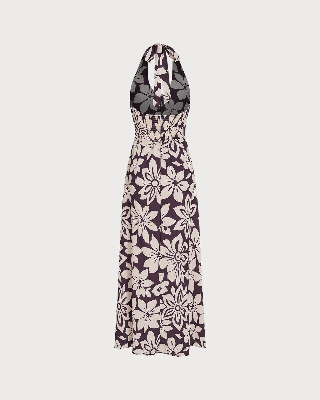 Floral Maxi Dress with Shirred Halter Neck in Coffee