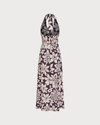Floral Maxi Dress with Shirred Halter Neck in Coffee