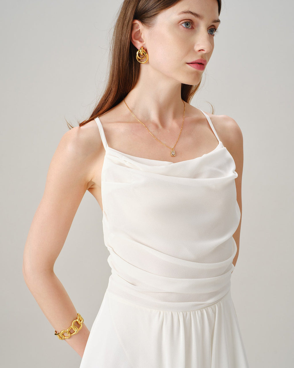 Beige Cross-Back Chiffon Maxi Dress