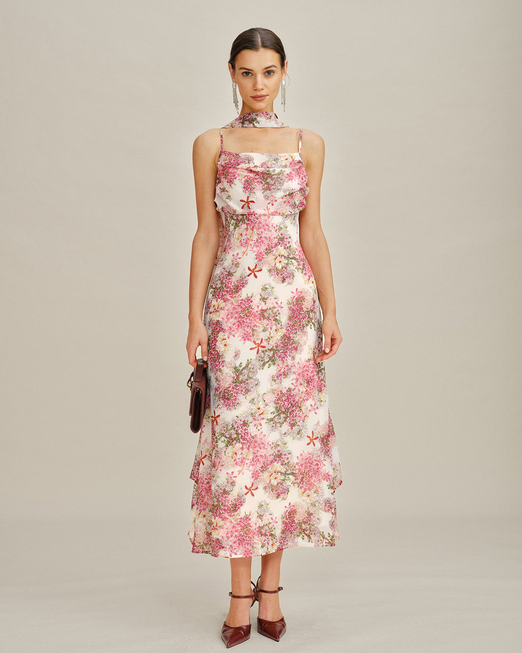 Floral Pink Chiffon Maxi Dress with Slip Design
