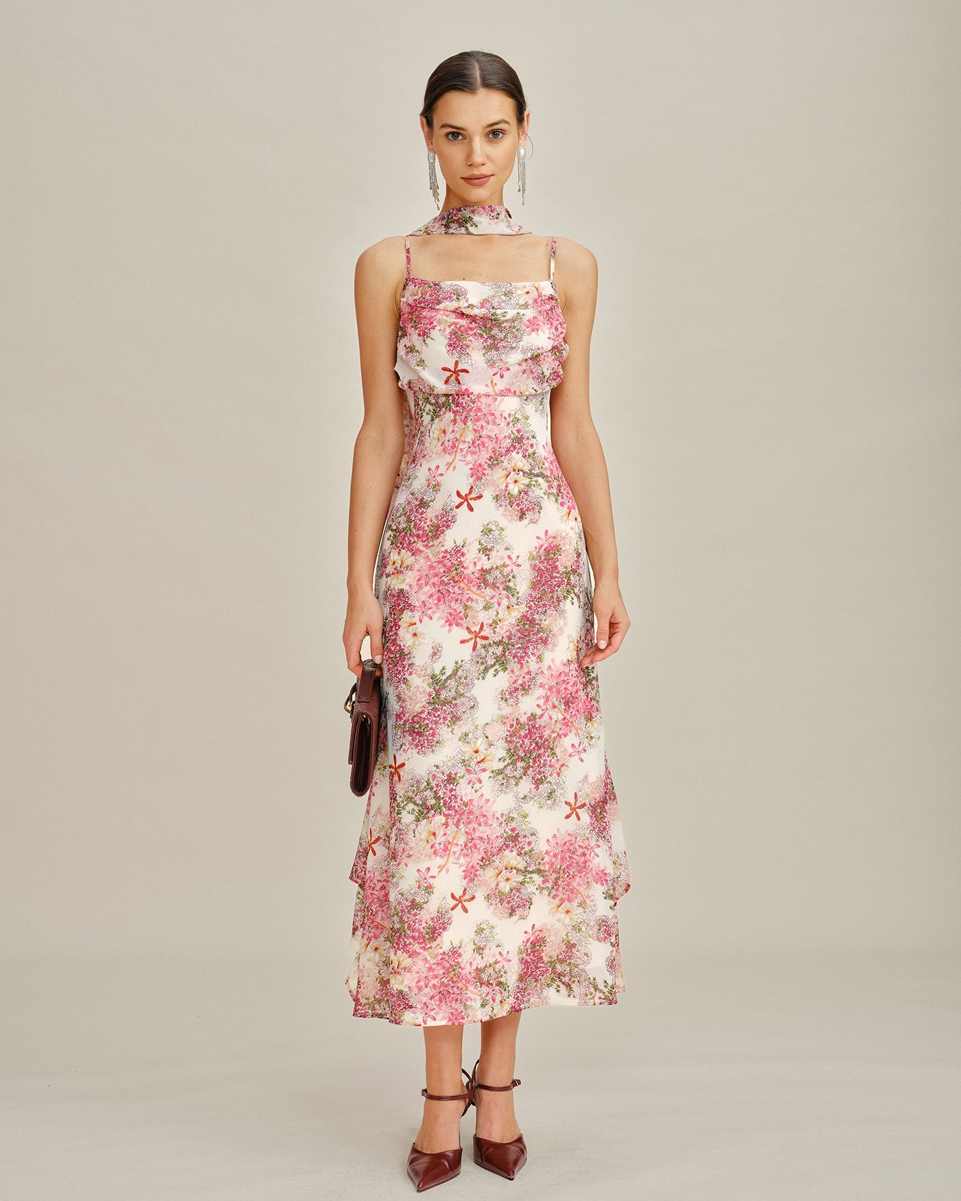 Floral Pink Chiffon Maxi Dress with Slip Design