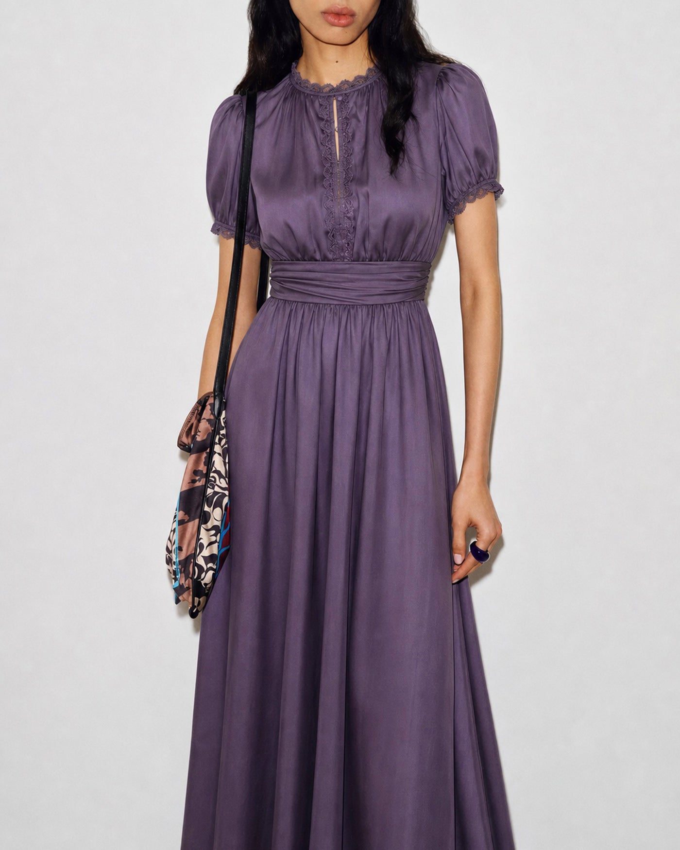 Maxi Dress with Purple Puffed Sleeves