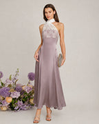 Maxi Dress with One Shoulder and Lace Detail in Pink