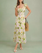 Maxi Dress with U Neckline in Green Plant Print