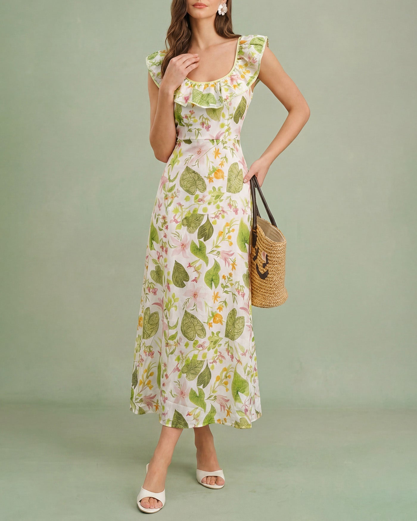 Maxi Dress with U Neckline in Green Plant Print