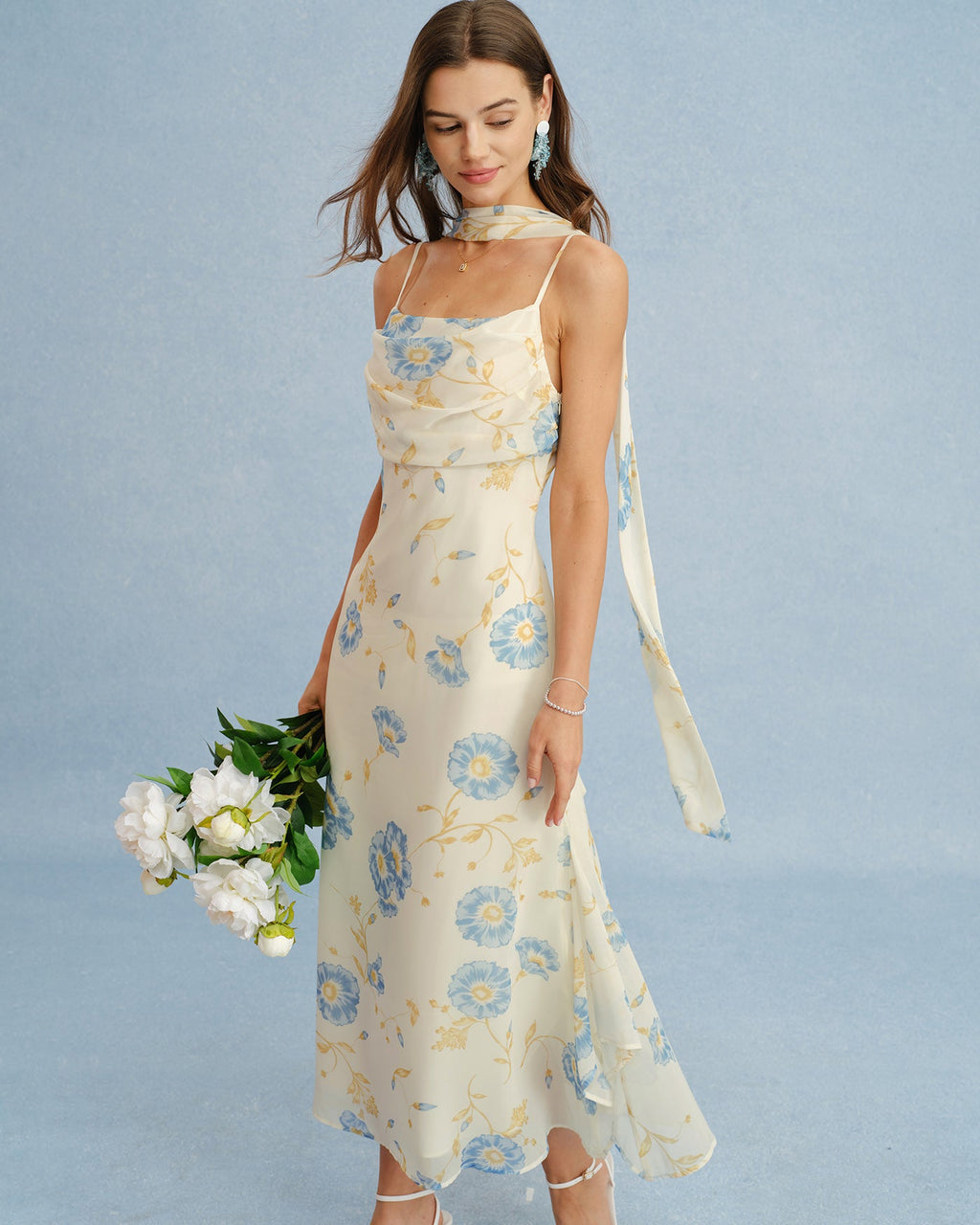 Chiffon Maxi Dress with Beige Floral Tie